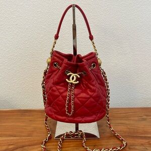 Chanel Red Small CC Drawstring Bucket Bag Quilted Lambskin